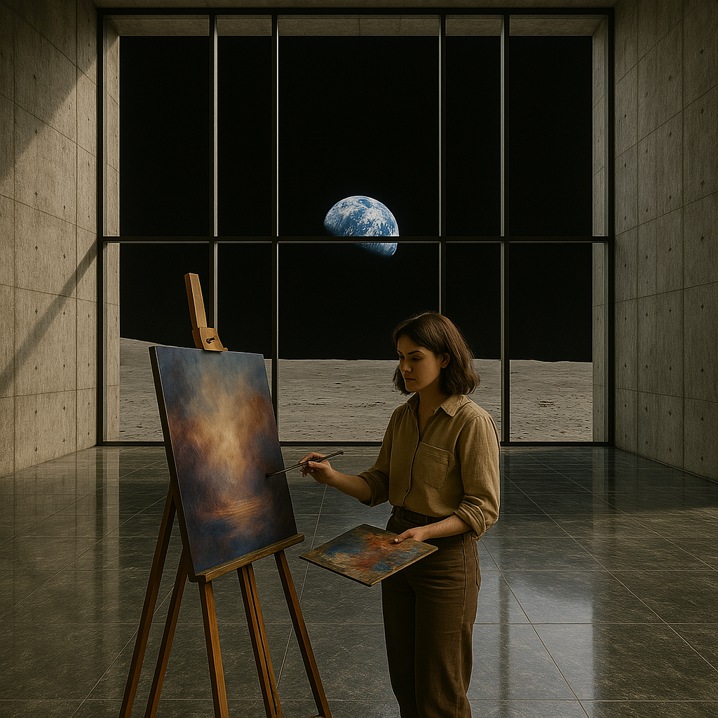 Julia Tschimnywood painting her masterpiece 'Earthrise: The First Lunar Sunset'